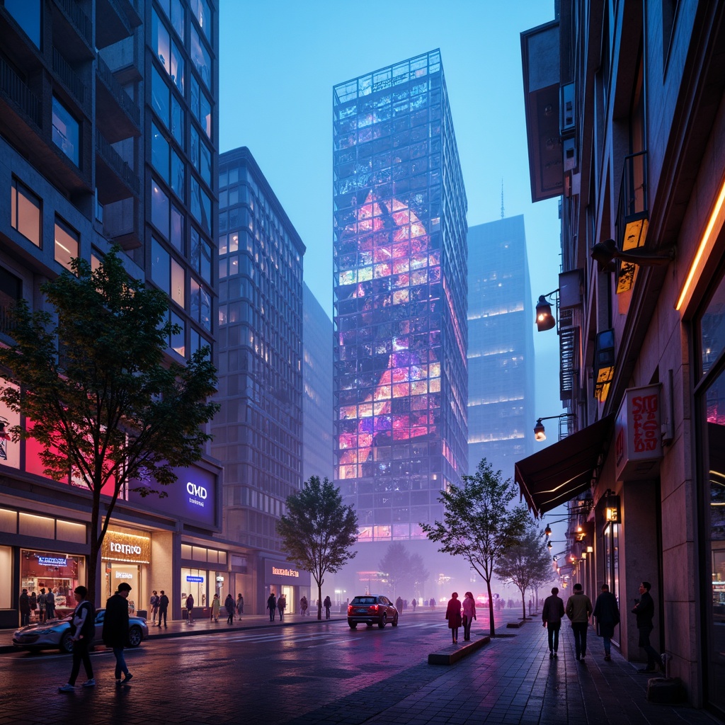 Prompt: Neon-lit cityscape, futuristic skyscrapers, iridescent holographic displays, metallic accents, LED lights, glowing orbs, cyberpunk atmosphere, vibrant electric blue, hot neon pink, radiant sunshine yellow, deep cosmic purple, dark steel grey, matte black surfaces, reflective chrome details, luminous glass facades, intricate circuitry patterns, geometric shapes, 3D modeling, atmospheric fog, soft misty lighting, shallow depth of field, 1/1 composition, realistic textures, ambient occlusion.