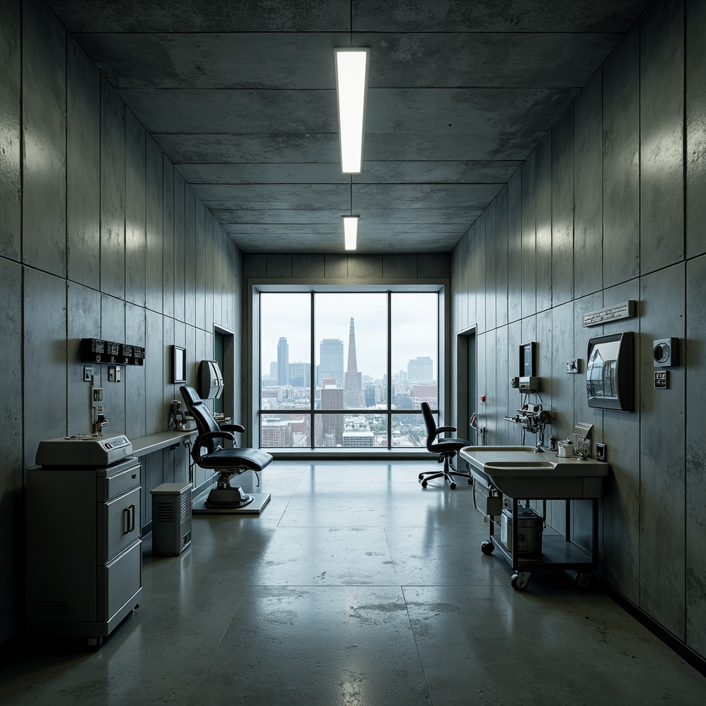 Prompt: Exposed concrete walls, brutalist clinic architecture, industrial aesthetic, raw unfinished surfaces, cold atmospheric lighting, functional medical equipment, stainless steel fixtures, minimalist decor, geometric patterns, urban cityscape, overcast sky, dramatic shadows, high-contrast photography, 1/2 composition, gritty textures, ambient occlusion.