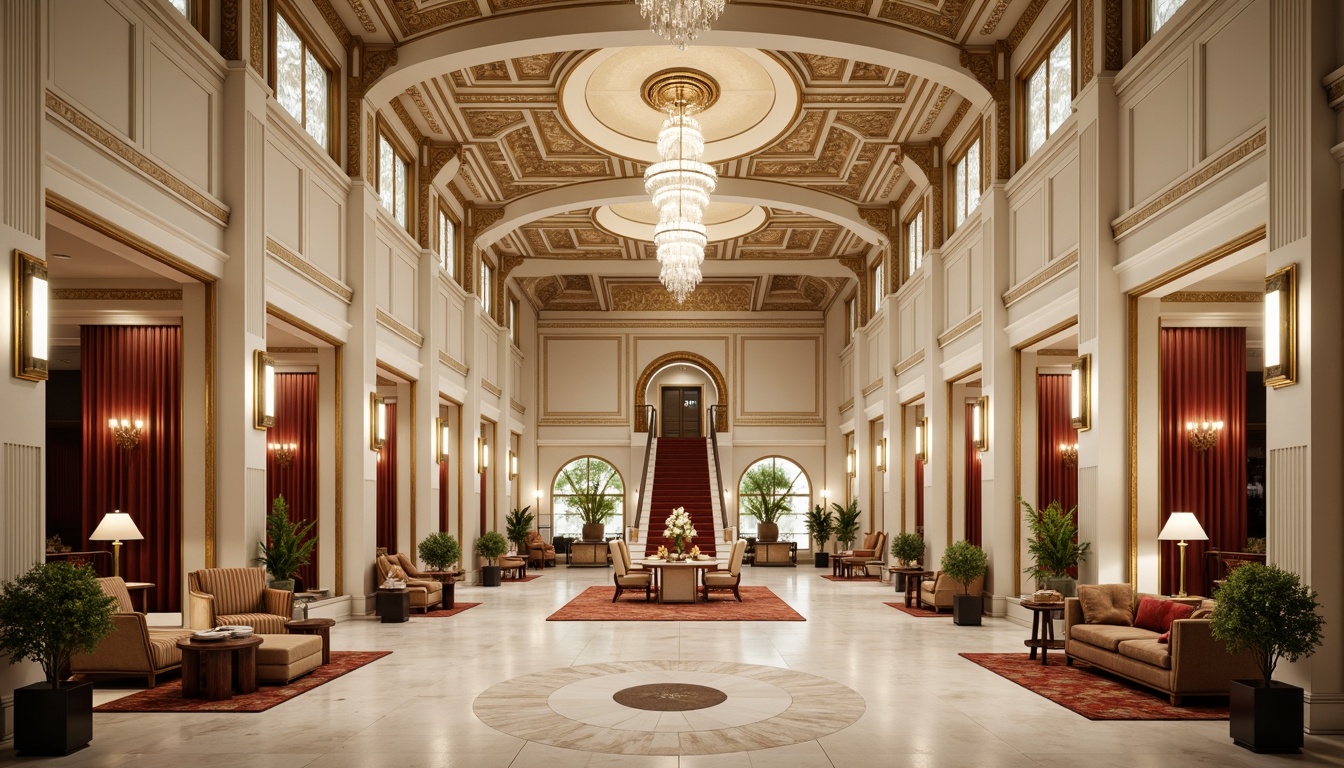 Prompt: Grand hotel entrance, ornate columns, classical archways, symmetrical facade, white marble walls, intricately carved details, gold leaf accents, crystal chandeliers, luxurious lobby, spacious atrium, majestic staircase, velvet drapes, rich wood paneling, elegant furnishings, warm golden lighting, soft focus, shallow depth of field, 2/3 composition, ornate moldings, subtle texture overlays.