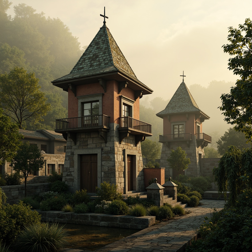 Prompt: Majestic watchtowers, rustic stone walls, worn wooden accents, earthy brown colors, moss-covered roofs, verdant surroundings, misty atmospheric effects, warm golden lighting, mysterious foggy mornings, intricate stonework patterns, ancient architectural details, weathered metal fixtures, moss-draped trees, eerie silence, cinematic composition, high contrast ratio, dramatic shadows, misty reflections.