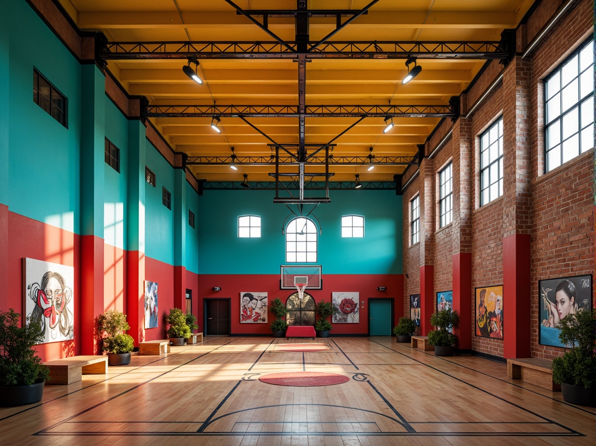 Prompt: Vibrant gymnasium interior, eclectic mix of modern and vintage elements, bold color blocking, bright turquoise walls, deep crimson accents, sunny yellow ceiling, polished wooden floors, industrial metal beams, reclaimed brick details, abstract graffiti murals, neon signage, LED lighting installations, dynamic shadows, high-contrast photography, 1/2 composition, dramatic focal point, warm atmospheric glow.