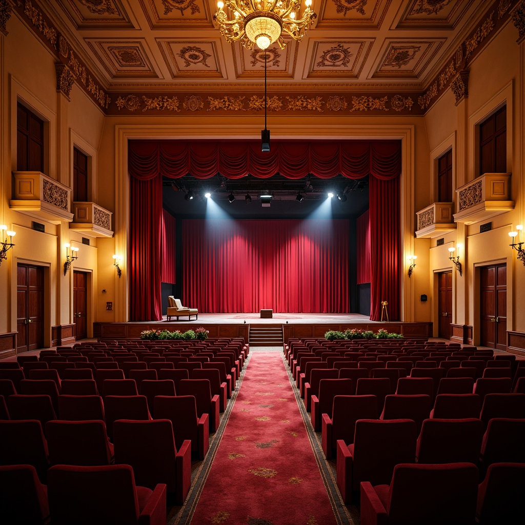 Prompt: Vibrant theatrical auditorium, rich velvet curtains, luxurious golden accents, warm wooden tones, deep crimson seats, ornate chandeliers, subtle cream walls, dramatic spotlights, intimate stage settings, soft ambient lighting, 1/1 composition, realistic textures, cinematic mood, atmospheric color grading.