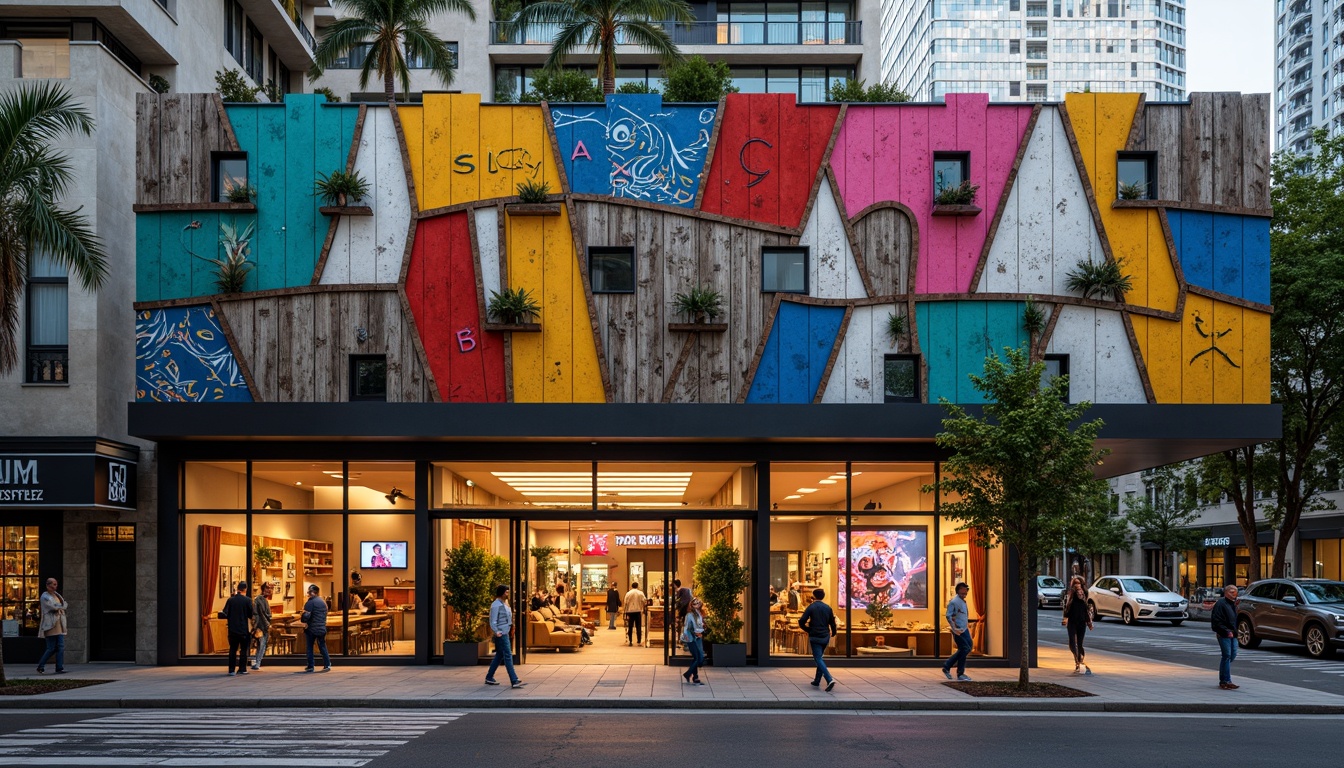 Prompt: Vibrant store facade, irregular shapes, bold colors, eclectic patterns, ornate details, distressed textures, industrial materials, reclaimed wood accents, neon signs, futuristic lighting, urban cityscape, bustling streets, pedestrian traffic, afternoon sun, warm ambient glow, shallow depth of field, 1/1 composition, dynamic angles, abstract reflections, postmodernist architectural elements.