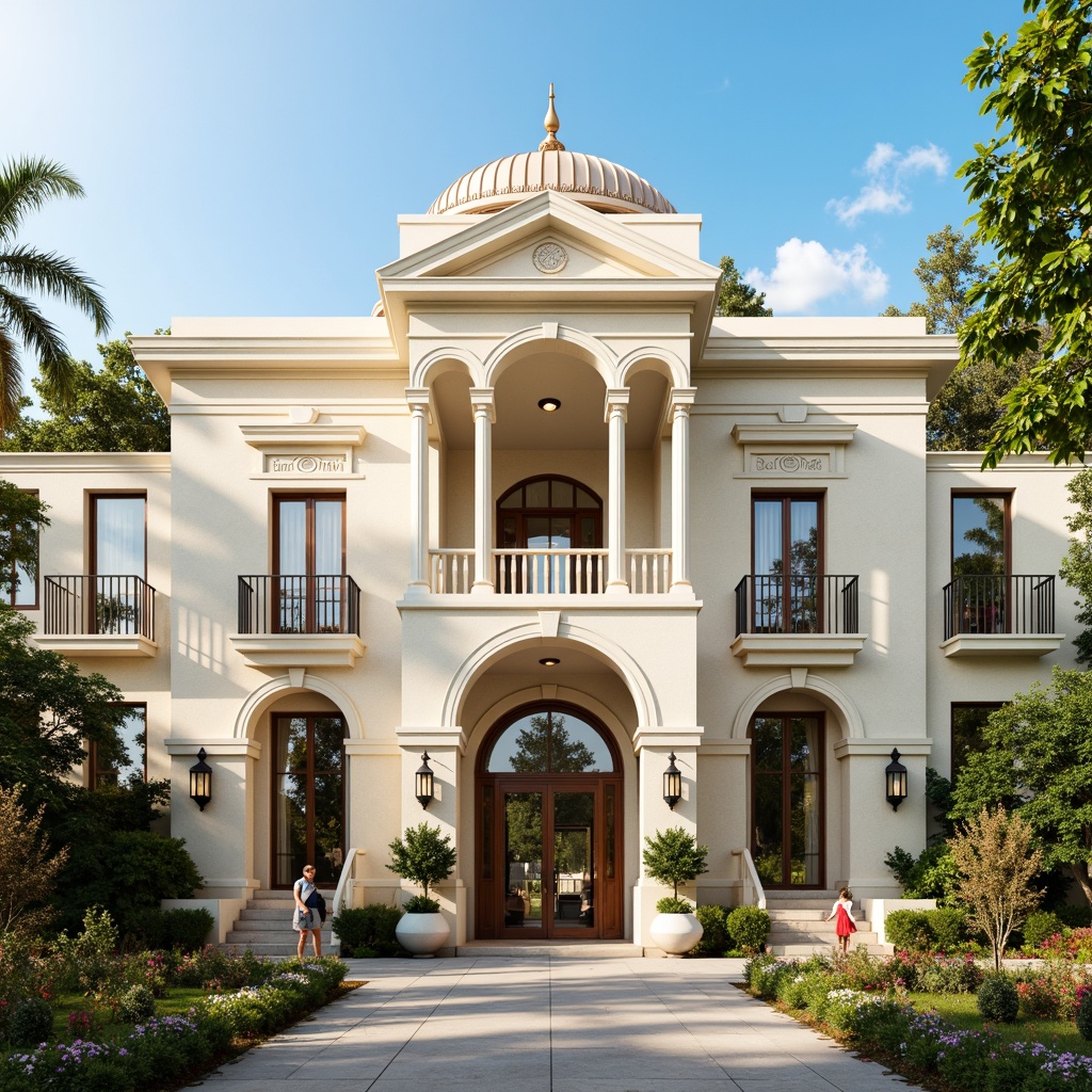 Prompt: Elegant youth center facade, ornate classical columns, symmetrical architecture, cream-colored stone walls, grand entrance archways, decorative cornices, intricate moldings, subtle pilasters, majestic dome structures, refined balconies, ornamental railings, soft warm lighting, shallow depth of field, 1/2 composition, realistic textures, ambient occlusion, lush greenery, vibrant flowers, sunny day, clear blue sky.