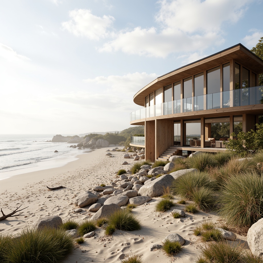 Prompt: Seaside ecosystem, sandy beaches, rocky shores, gentle waves, sea spray, driftwood, beach grasses, coastal dunes, salt-tolerant vegetation, ocean-inspired architecture, curved lines, weathered wood accents, large windows, sliding glass doors, natural ventilation, ocean views, soft morning light, warm beige tones, 1/2 composition, atmospheric perspective, realistic water effects, subtle misting.