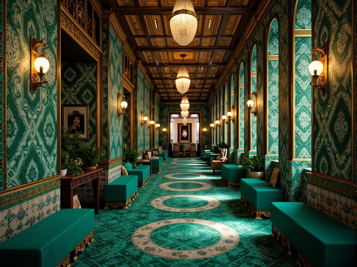 Prompt: Richly ornamented malachite patterns, emerald green hues, vibrant turquoise accents, ornate gold filigree, luxurious velvet textures, opulent jewel-toned colors, lavish decorative details, intricate stone carvings, majestic architectural elements, grandiose interior design, dramatic lighting effects, warm golden illumination, shallow depth of field, 1/1 composition, realistic renderings, ambient occlusion.