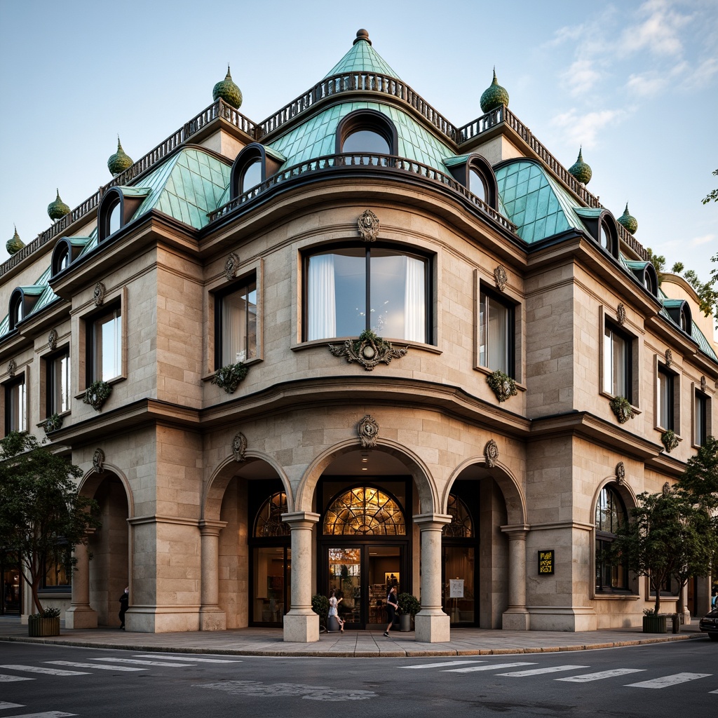 Prompt: Ornate bank building, Renaissance style architecture, grandiose entrance, intricately carved stonework, ornamental facades, classical columns, rusticated bases, sweeping arches, glazed terra cotta tiles, decorative roof finials, curved dormer windows, steeply pitched roofs, weathered copper cladding, subtle texture variations, soft warm lighting, 1/2 composition, atmospheric perspective, realistic material rendering.