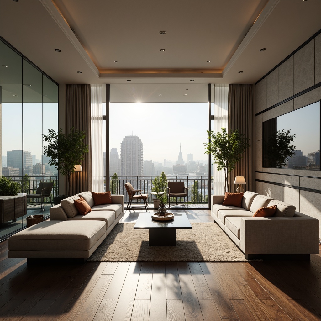 Prompt: Modern minimalist living room, comfortable sofas, sleek coffee tables, floor lamps, large windows, natural light, urban views, functional shelving units, hidden storage compartments, ergonomic chairs, wooden flooring, neutral color palette, cozy atmosphere, soft warm lighting, shallow depth of field, 1/2 composition, realistic textures, ambient occlusion.