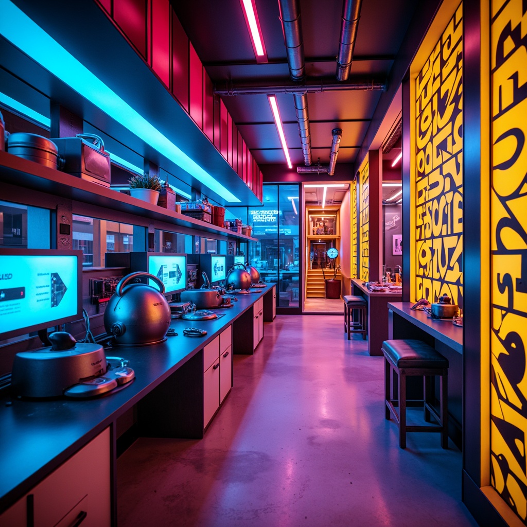 Prompt: Vibrant laboratory, expressionist architecture, bold color blocking, contrasting hues, neon accents, futuristic equipment, sleek metal surfaces, glossy finishes, abstract patterns, geometric shapes, LED light installations, ambient glow, moody atmospheric lighting, shallow depth of field, 1/1 composition, close-up shots, realistic textures, ambient occlusion.