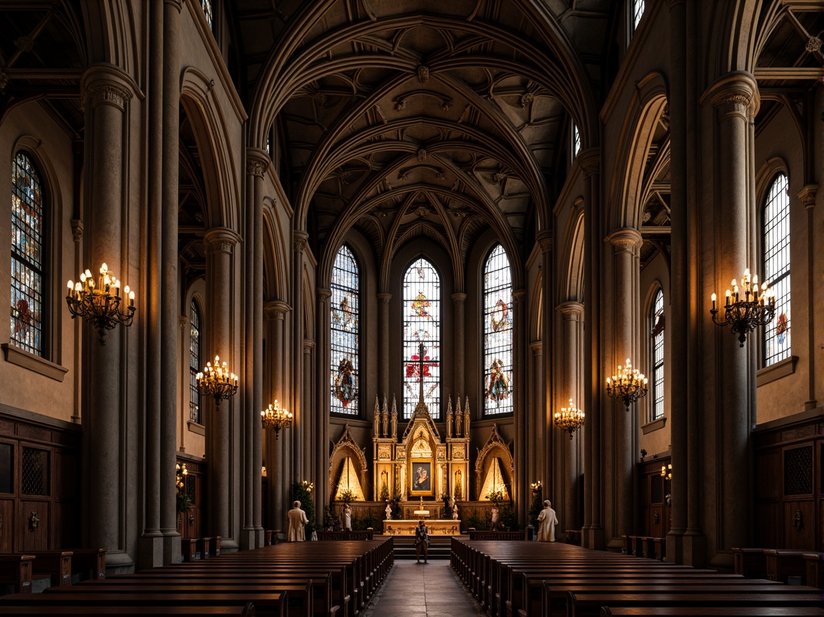 Prompt: Gothic church interior, vaulted ceilings, ribbed arches, stained glass windows, ornate stone carvings, grandiose chandeliers, intricate frescoes, hallowed atmosphere, soft warm lighting, dramatic shadows, high contrast ratio, 1/1 composition, symmetrical framing, rich textures, ambient occlusion.