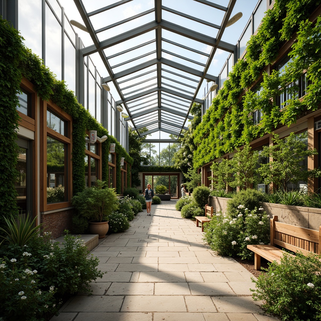 Prompt: Serene greenhouse courtyard, lush ivy walls, vibrant flower arrangements, natural stone pathways, wooden benches, educational signage, modern academic architecture, large glass windows, clerestory roofs, abundant greenery, tropical plants, warm sunny day, soft diffused lighting, shallow depth of field, 3/4 composition, panoramic view, realistic textures, ambient occlusion.