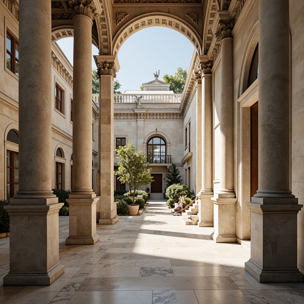 Prompt: Grandiose columns, symmetrical facades, ornate details, marble floors, elegant staircases, refined moldings, subtle color palette, natural stone materials, rusticated bases, pedimented roofs, arched windows, pilasters, classical sculptures, serene atmosphere, soft diffused lighting, shallow depth of field, 1/1 composition, realistic textures, ambient occlusion.