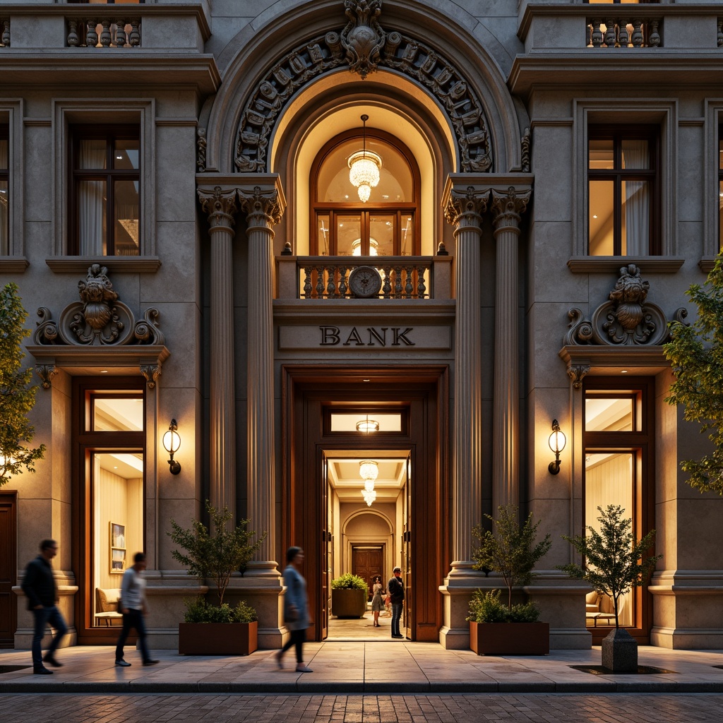 Prompt: Grandiose bank facade, ornate Renaissance-style columns, intricately carved stone details, symmetrical composition, arched windows, rusticated quoins, decorative pediments, classical sculptures, richly ornamented doorways, polished granite floors, lavish chandeliers, warm golden lighting, subtle shadows, 1/1 aspect ratio, central perspective, realistic materials, ambient occlusion.