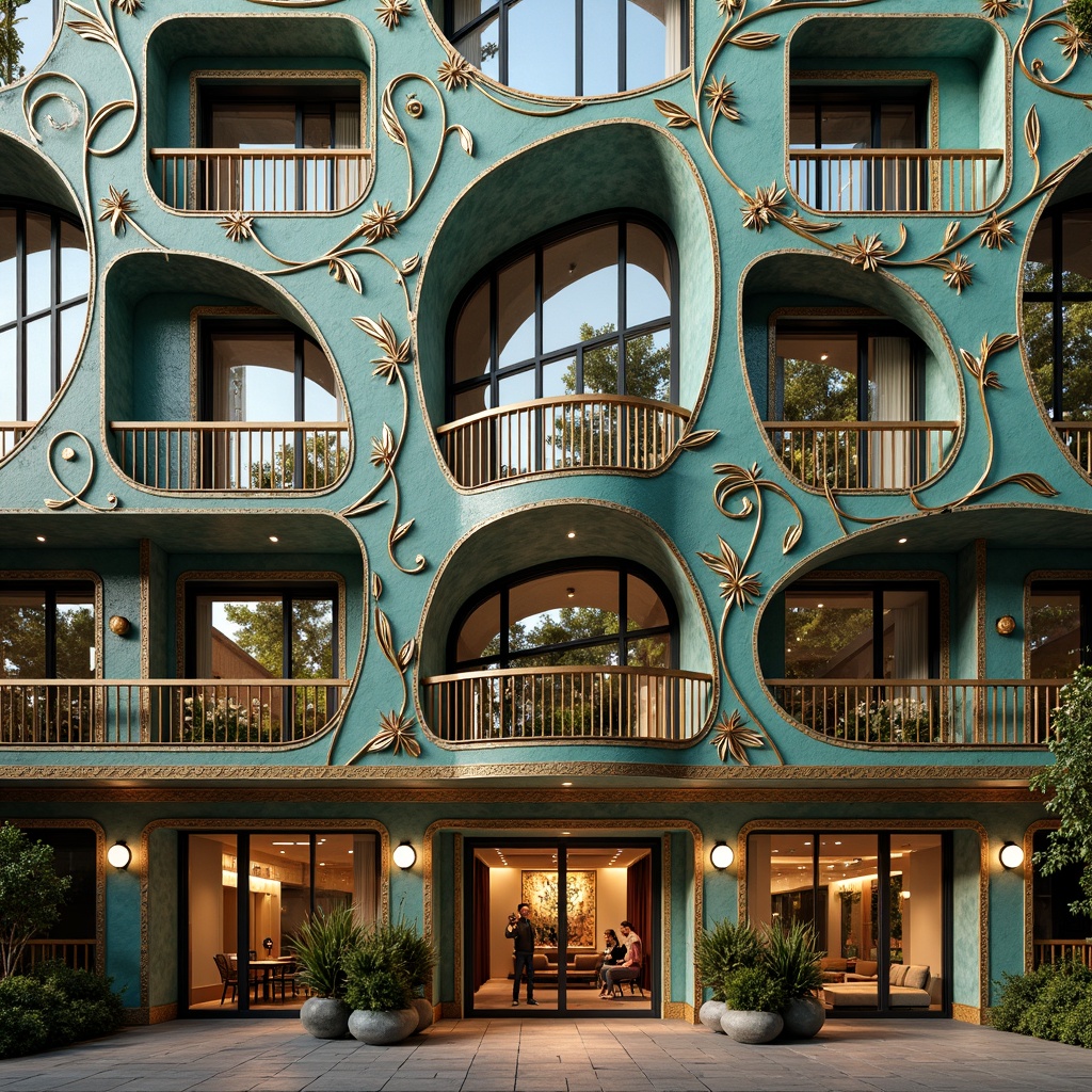 Prompt: Ornate facade, sinuous lines, flowing curves, organic forms, vibrant turquoise accents, polished bronze details, grand entranceways, stained glass windows, intricate ironwork, ornamental balconies, floral patterns, asymmetrical compositions, warm golden lighting, soft focus, shallow depth of field, 1/1 composition, detailed textures, ambient occlusion.