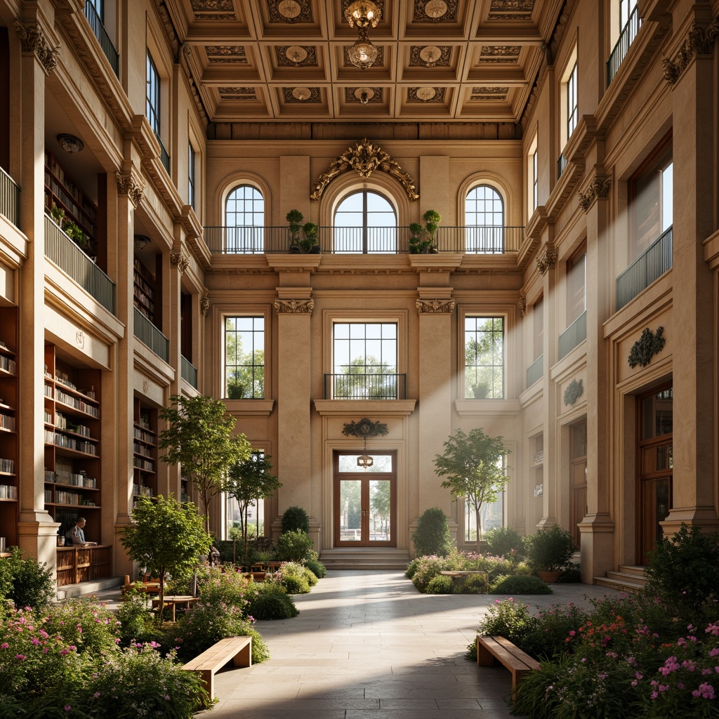 Prompt: Grand neoclassical library, elegant columns, ornate details, warm beige stone walls, spacious reading rooms, floor-to-ceiling windows, natural light pouring in, lush greenery, vibrant flowers, serene water features, walking paths, wooden benches, classical statues, intricate moldings, symmetrical architecture, harmonious proportions, soft warm lighting, shallow depth of field, 3/4 composition, panoramic view, realistic textures, ambient occlusion.