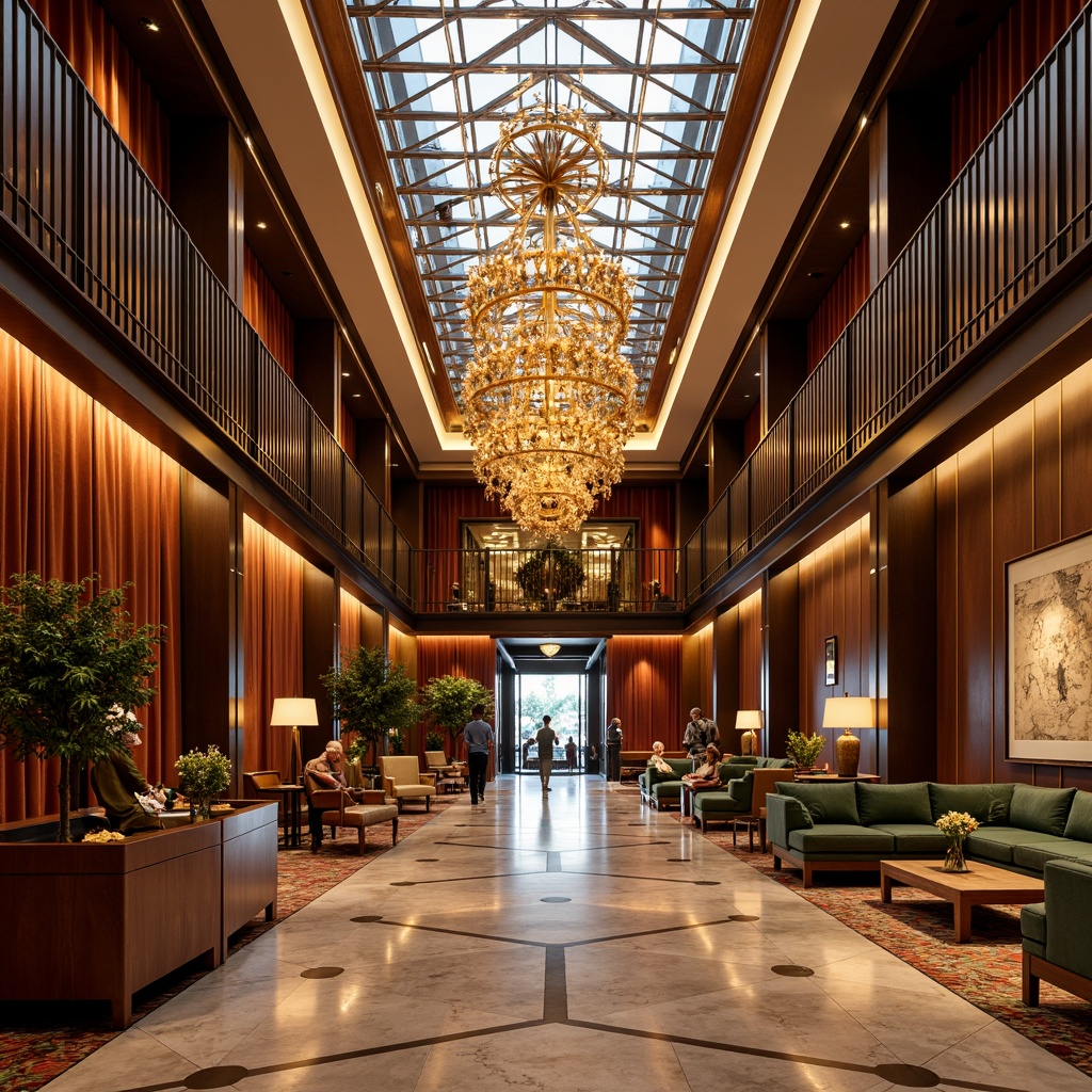 Prompt: Luxurious hotel lobby, ornate metalwork, geometric patterns, sunburst motifs, zigzag lines, opulent chandeliers, lavish furnishings, rich velvety drapes, marble floors, polished bronze accents, gilded details, Art Deco typography, bold color schemes, high-gloss finishes, symmetrical compositions, dramatic lighting effects, warm golden tones, 1/1 composition, shallow depth of field, realistic textures, ambient occlusion.