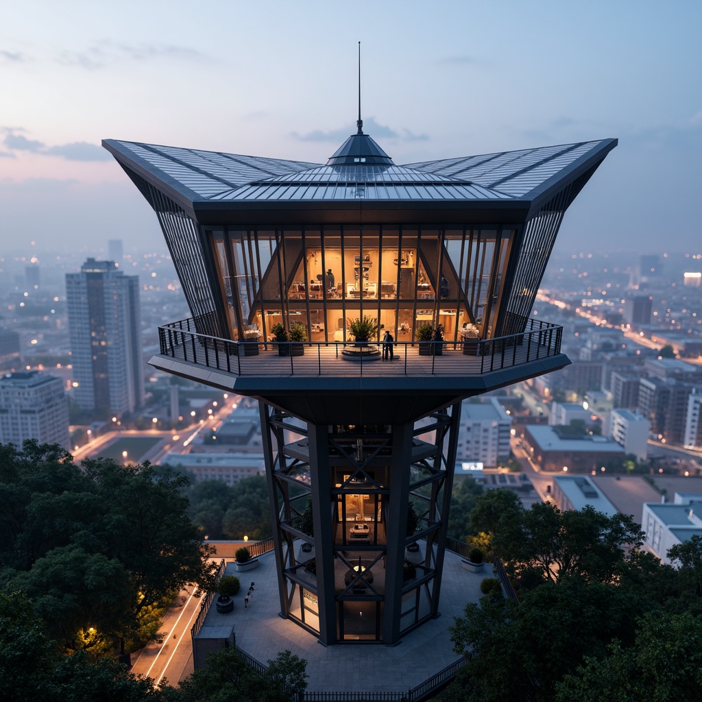 Prompt: Futuristic watchtower, sleek metal framework, angular lines, modern minimalist design, elevated viewing platform, panoramic cityscape, urban landscape, vibrant city lights, misty evening atmosphere, soft warm lighting, shallow depth of field, 3/4 composition, realistic textures, ambient occlusion, innovative roofing materials, solar panels, green roofs, sustainable energy solutions, water conservation systems, eco-friendly construction, Arabic-inspired patterns, intricate geometric motifs, observation deck, telescopes, binoculars.