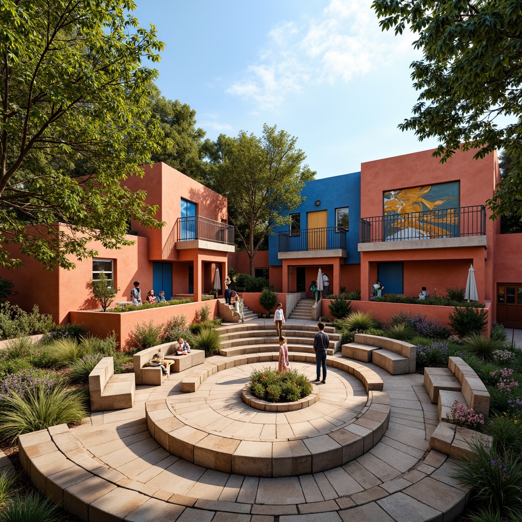 Prompt: Vibrant outdoor amphitheater, eclectic style, bold color palette, warm terracotta walls, cool blue accents, lush greenery, natural stone seating, rustic wooden benches, ornate metal railings, abstract mural artworks, sunny day, soft warm lighting, shallow depth of field, 3/4 composition, panoramic view, realistic textures, ambient occlusion.