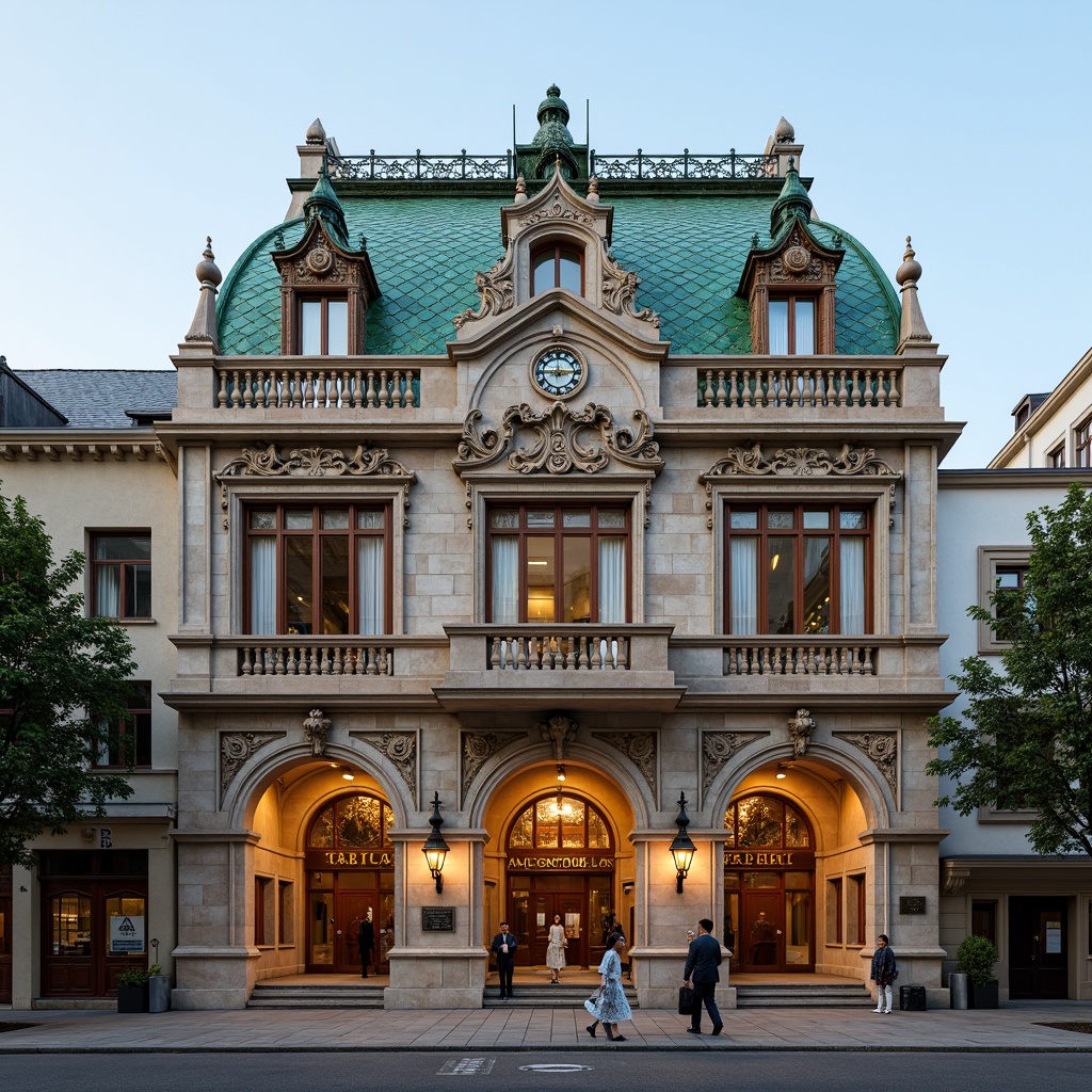 Prompt: Ornate bank building, Renaissance style architecture, grand entrance, decorative cornices, carved stone facades, intricate stonework, ornamental roof tiling, curved dormer windows, majestic clock towers, vibrant green copper roofing, oxidized metal accents, elegant lanterns, refined classical columns, imposing stone arches, warm golden lighting, shallow depth of field, 1/1 composition, detailed textures, ambient occlusion.