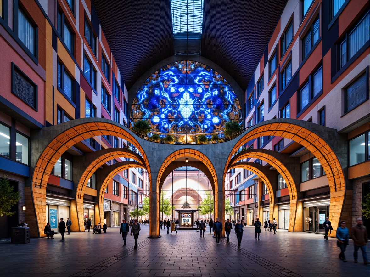 Prompt: Vibrant transportation hub, eclectic facade design, mix-and-match architectural styles, bold colorful patterns, contrasting textures, intricate metalwork details, grand entrance archways, sweeping curved lines, futuristic LED lighting, dynamic movement visuals, bustling urban atmosphere, morning rush hour scene, shallow depth of field, 1/2 composition, low-angle shot, realistic reflections, ambient occlusion.