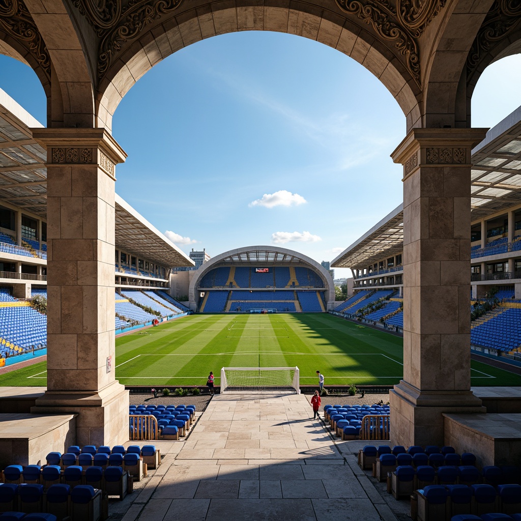 Prompt: Grandiose soccer stadium, classical arches, ornate columns, symmetrical facades, grand entrance gates, majestic dome roofs, intricate stone carvings, elegant balconies, sweeping staircases, ornamental pediments, vibrant athletic track, lush green grass, natural stone flooring, regal royal blue seats, golden accents, warm afternoon lighting, shallow depth of field, 1/2 composition, panoramic view, realistic textures, ambient occlusion.