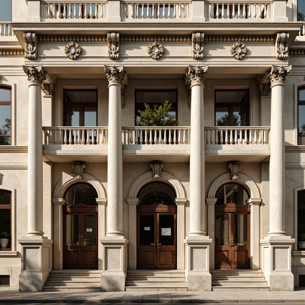 Prompt: Grandiose Neoclassical building facade, ornate columns, intricately carved stone details, symmetrical composition, rusticated base, pedimented windows, ornamental balconies, grand entrance doors, polished bronze hardware, subtle pilasters, frieze decorations, classical entablature, weathered limestone walls, warm beige tones, soft afternoon light, shallow depth of field, 1/1 composition, realistic textures, ambient occlusion.