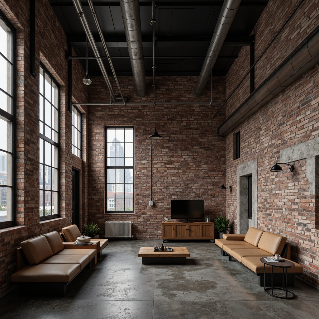 Prompt: Exposed brick walls, industrial pipes, metal beams, reclaimed wood accents, urban cityscape, gritty concrete textures, modern loft apartments, minimalist decor, functional simplicity, brutalist architecture, raw unfinished surfaces, moody atmospheric lighting, dramatic shadows, high ceilings, open floor plans, distressed metal cladding, converted warehouses, edgy avant-garde design, industrial chic ambiance, eclectic art installations, abstract graffiti murals, urban renewal developments.