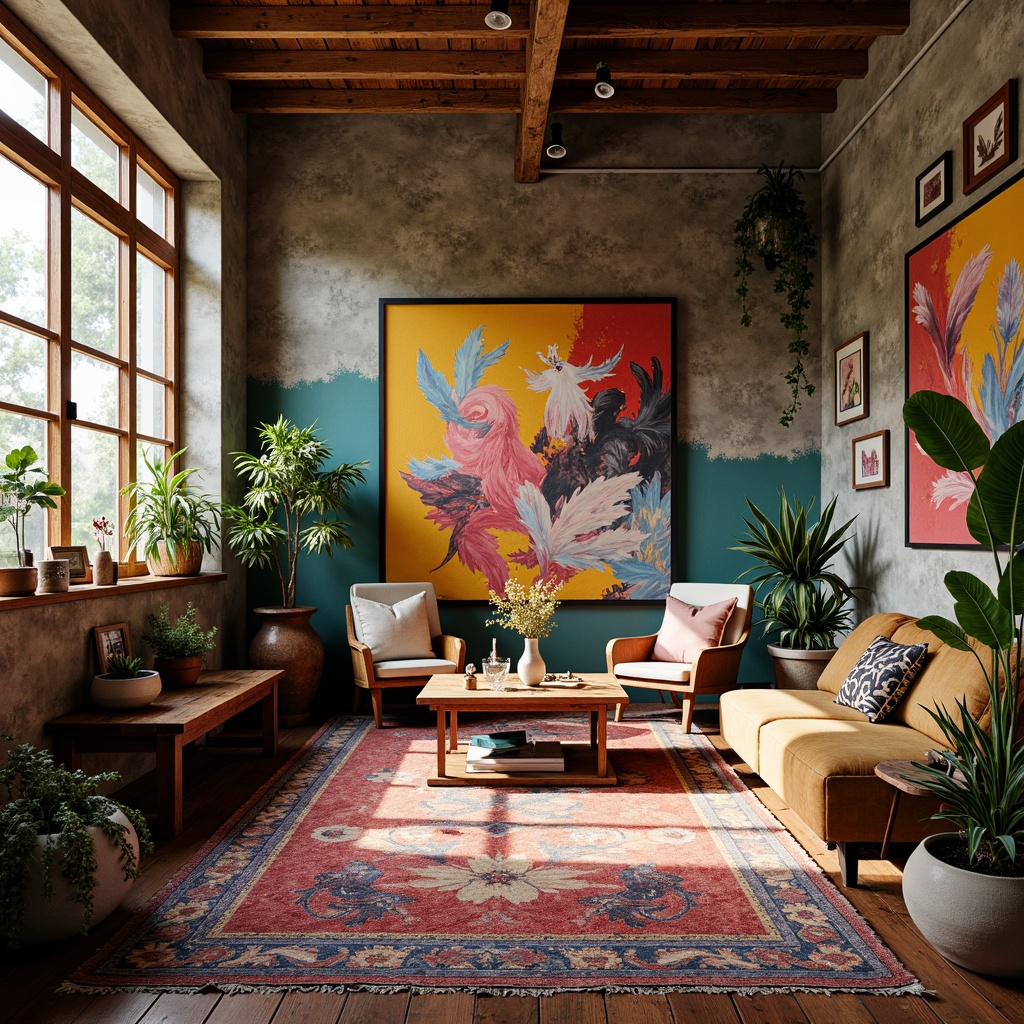 Prompt: Vibrant artistic studio, eclectic bohemian decor, rich jewel tones, bold contrasting hues, pastel accents, textured walls, reclaimed wood floors, minimalist furniture, industrial metal frames, abundant natural light, warm golden lighting, soft focus, shallow depth of field, 2/3 composition, intimate atmosphere, abstract artwork, expressive brushstrokes.