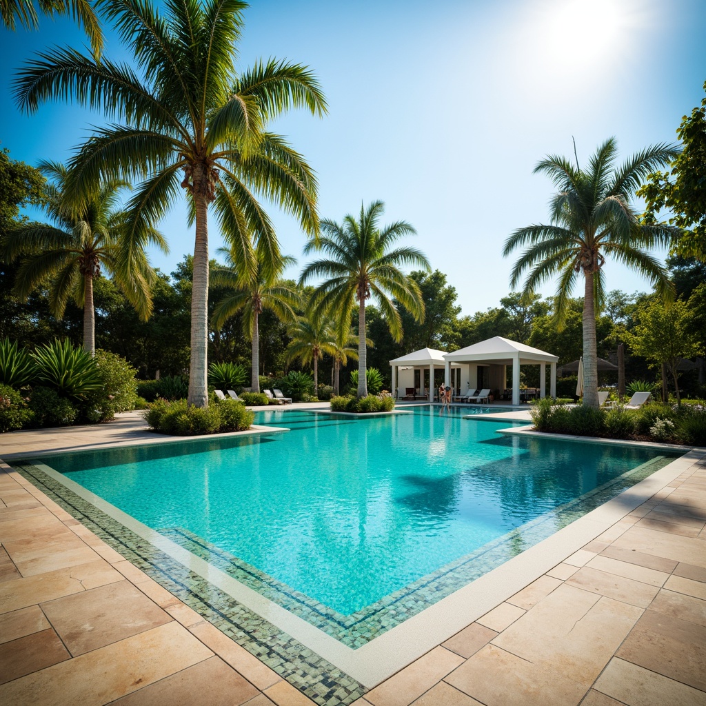 Prompt: Vibrant turquoise pool water, sunny day, warm tropical ambiance, palm trees, natural stone deck, sleek modern coping, glass tile accents, iridescent mosaics, shimmering water effects, gentle wave patterns, tranquil atmosphere, soft warm lighting, shallow depth of field, 3/4 composition, realistic textures, ambient occlusion.