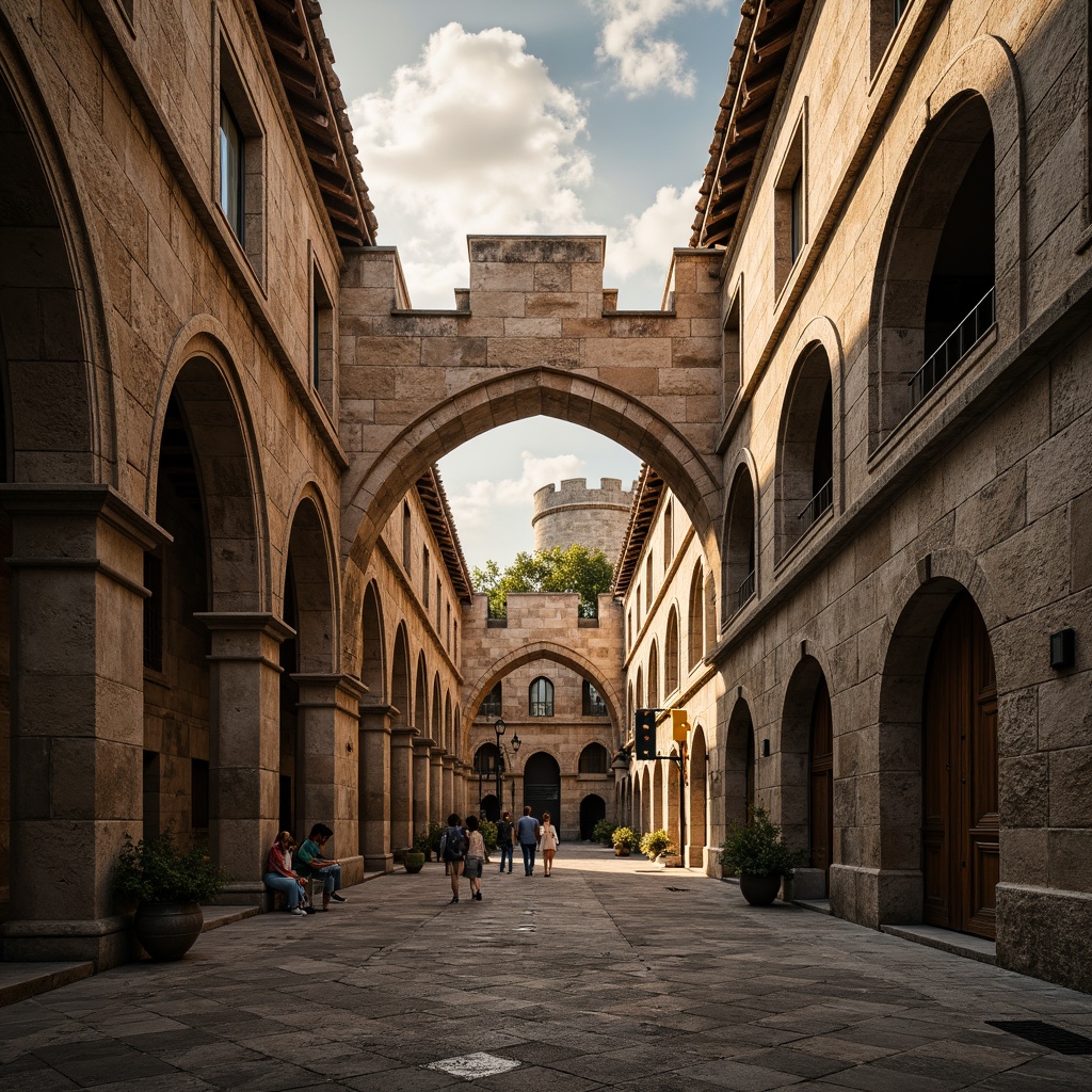 Prompt: Ancient stone structures, robust buttresses, weathered stonework, ornate carvings, grand arches, rustic walls, fortified towers, medieval architecture, dramatic skies, warm golden lighting, low-angle shot, symmetrical composition, realistic textures, ambient occlusion.