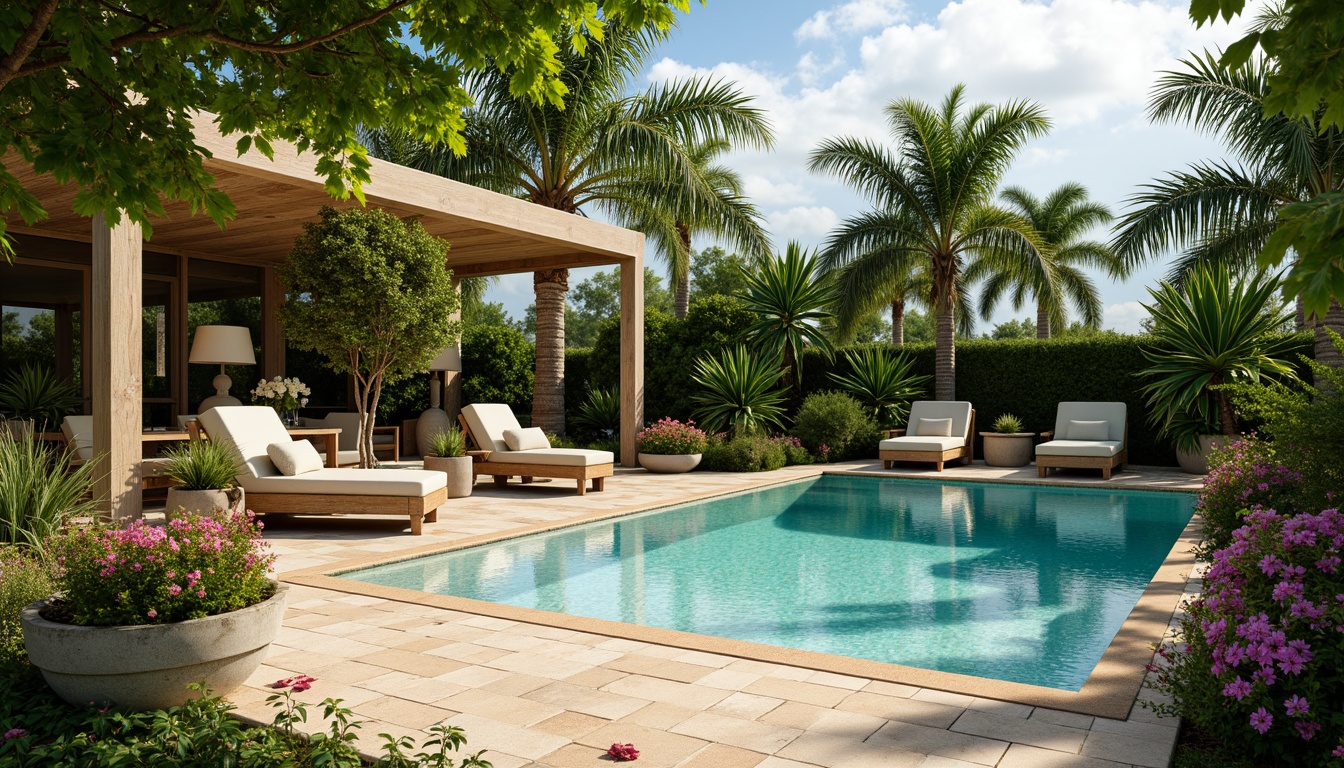 Prompt: Tropical poolside oasis, turquoise water, warm beige coping stones, lush greenery surroundings, vibrant floral arrangements, natural stone decking, outdoor lounge furniture, sunny day, soft warm lighting, shallow depth of field, 3/4 composition, realistic textures, ambient occlusion.