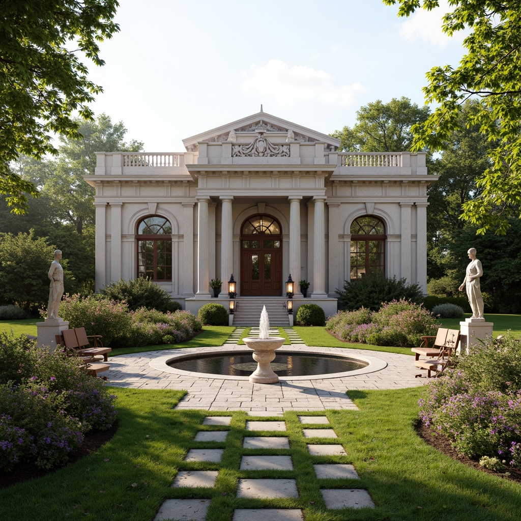 Prompt: Majestic neoclassical mansion, symmetrical facade, grand entrance, ionic columns, ornate stone carvings, lush green lawns, blooming flowers, serene water features, walking paths, natural stone paving, rustic benches, lanterns, subtle lighting, warm color palette, classical sculptures, ornamental fountains, vibrant flower beds, soft morning light, shallow depth of field, 1/2 composition, panoramic view, realistic textures, ambient occlusion.