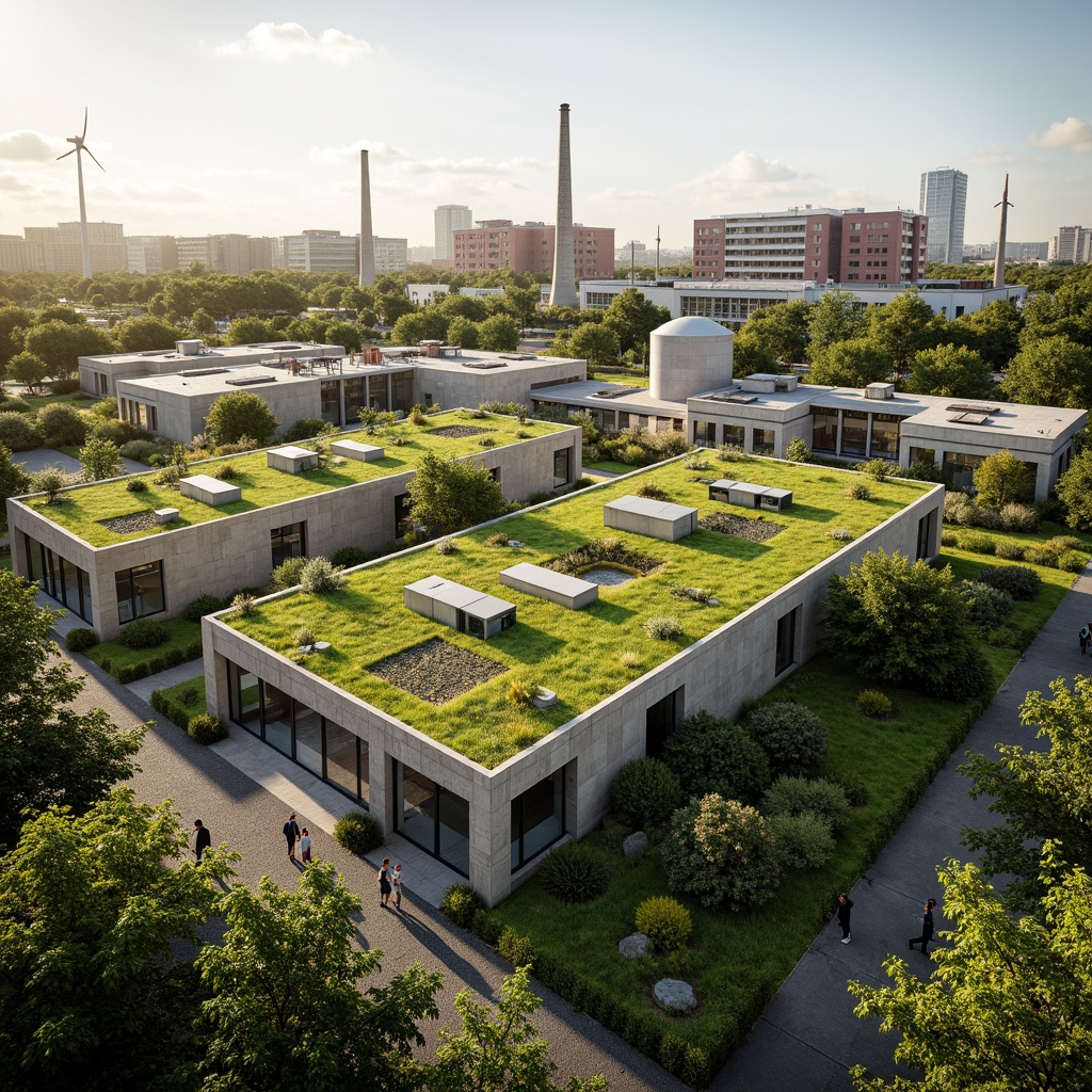 Prompt: Industrial landscape, lush green roofs, solar panels, wind turbines, rainwater harvesting systems, eco-friendly building materials, natural ventilation systems, large skylights, clerestory windows, minimal carbon footprint, zero-waste policy, recycling facilities, composting areas, organic gardens, bee hotels, birdhouses, biodiversity conservation, educational signage, interactive exhibits, guided tours, immersive experiences, warm natural lighting, shallow depth of field, 2/3 composition, realistic textures, ambient occlusion.