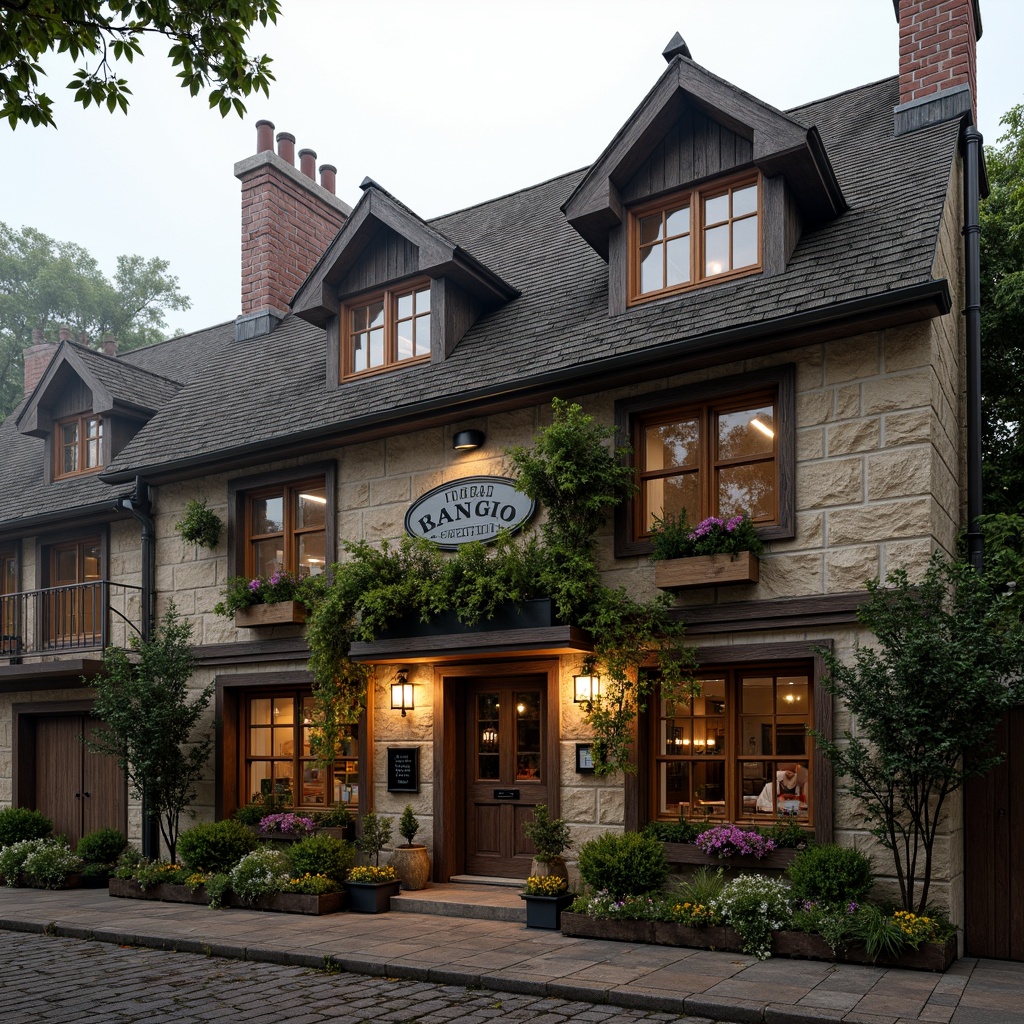 Prompt: Rustic pub exterior, regionalist facade, earthy tones, natural stone walls, wooden accents, ornate gables, steeply pitched roofs, dormer windows, chimneys, lush greenery, overhanging eaves, traditional ornaments, warm inviting lighting, cozy atmosphere, rustic wooden doors, metal lanterns, flower boxes, cobblestone pathways, quaint village setting, misty morning, soft diffused light, 1/2 composition, realistic textures, ambient occlusion.