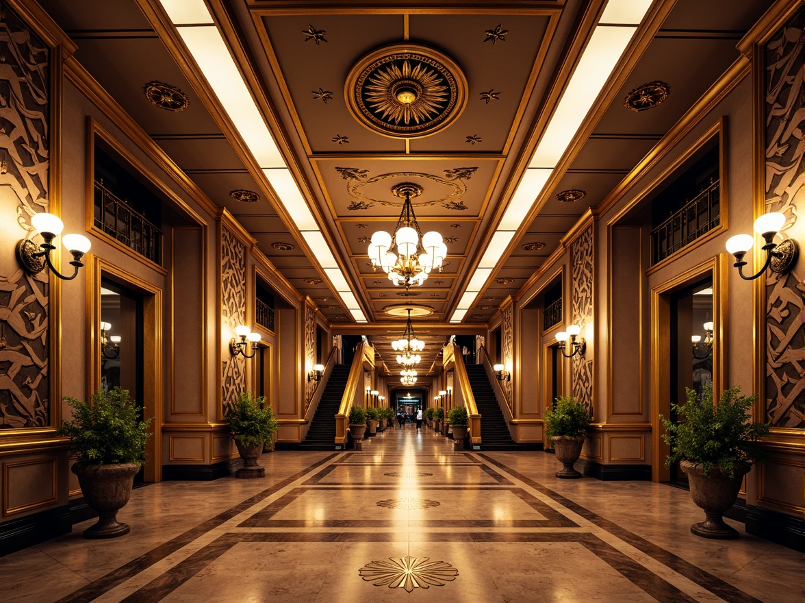 Prompt: Opulent tram station, luxurious materials, metallic accents, ornate details, symmetrical compositions, geometric patterns, chevron motifs, zigzag lines, sunburst designs, stylized florals, metallic inlays, marble floors, grand staircases, vaulted ceilings, dramatic lighting, warm golden tones, 1/1 composition, low-angle shot, realistic reflections, ambient occlusion.