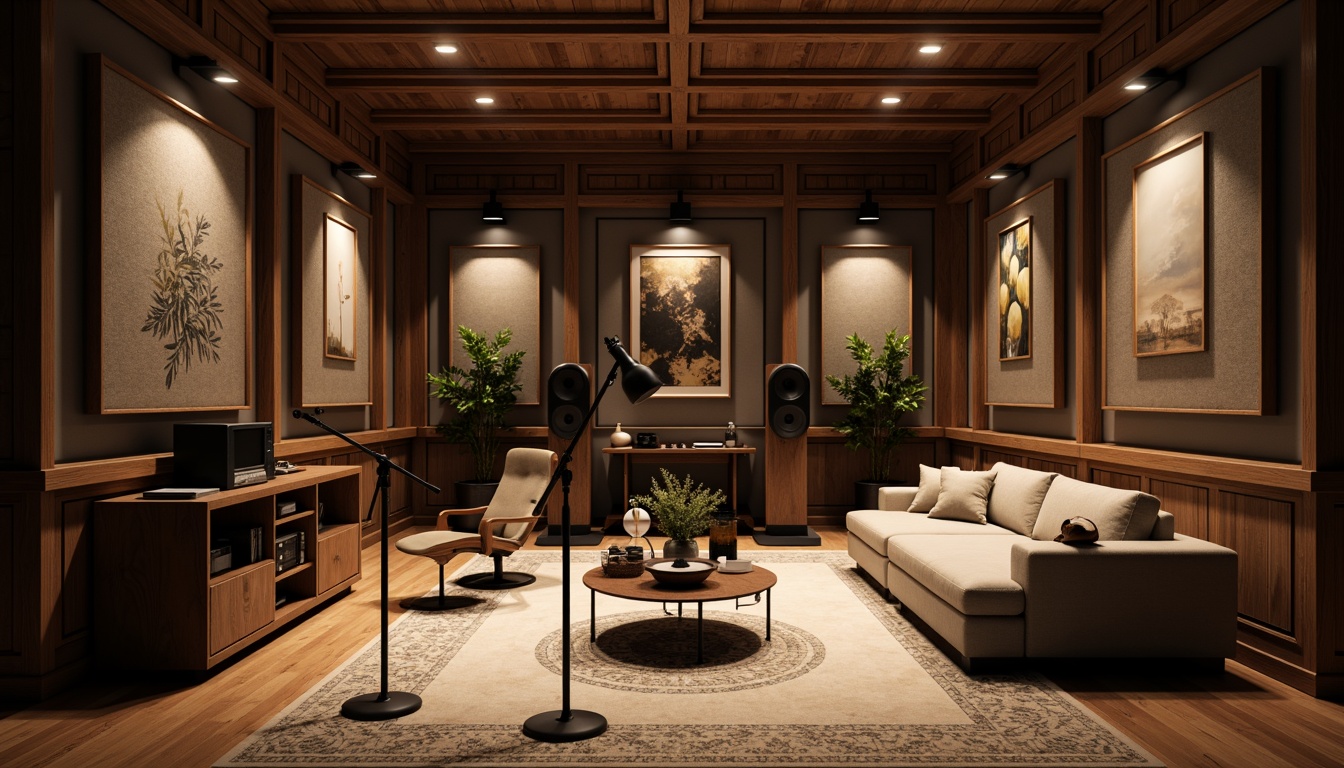 Prompt: Cozy recording studio, soundproofed walls, dark wood accents, minimalist decor, professional audio equipment, microphone stands, acoustic panels, geometric patterns, soft cushions, warm lighting, intimate setting, high-fidelity speakers, precise sound control, sound waves, harmonic resonance, 1/1 composition, shallow depth of field, natural textures, ambient occlusion.