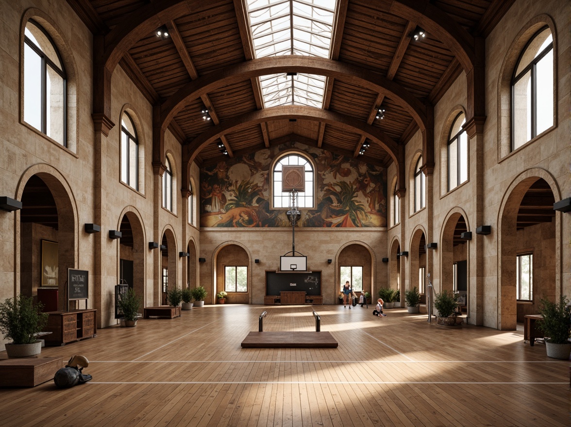 Prompt: Grand Renaissance gymnasium, ornate arches, rustic stone walls, classical columns, vaulted ceilings, wooden sports flooring, athletic equipment, historic frescoes, natural light pouring through clerestory windows, warm earthy tones, soft diffused lighting, 1/1 composition, symmetrical framing, realistic textures, ambient occlusion.