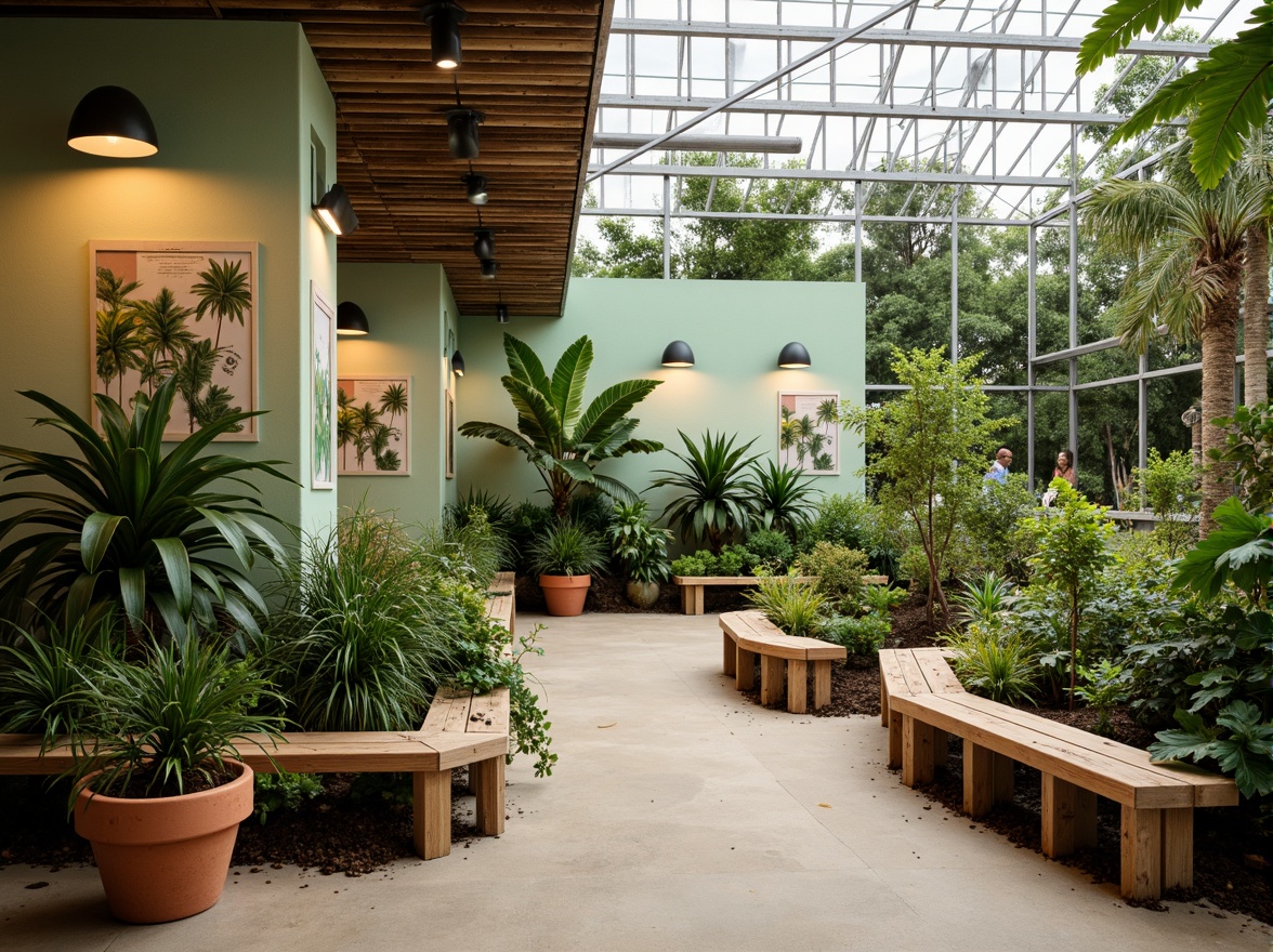 Prompt: Vibrant greenhouse interior, lush tropical plants, natural wood accents, earthy terracotta pots, soft diffused lighting, warm beige walls, calming mint green hues, rich soil tones, metallic trellis structures, modern educational signage, reclaimed wooden benches, living walls, botanical illustrations, organic shapes, airy atmosphere, shallow depth of field, 1/2 composition, realistic textures, subtle ambient occlusion.