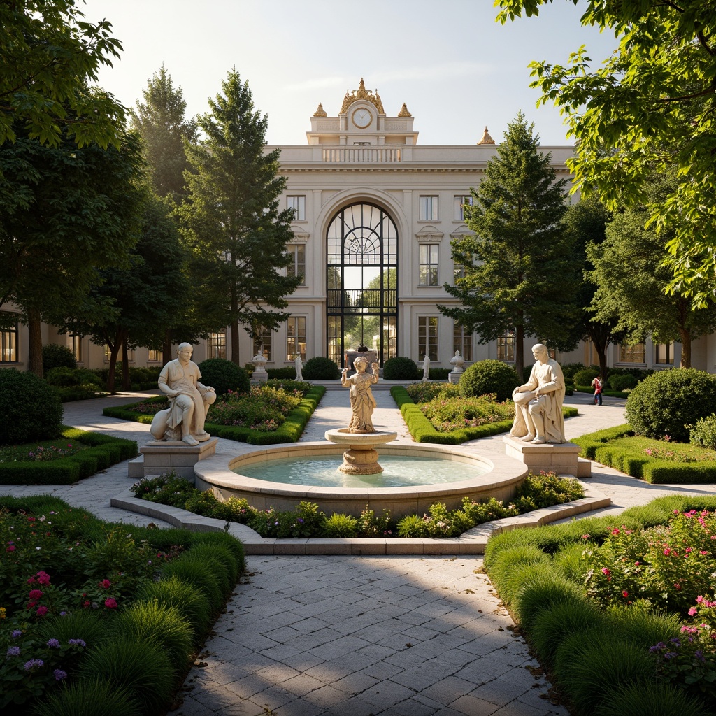 Prompt: Ornate fountain, statues of mythological figures, lush greenery, vibrant flowers, topiary trees, manicured lawns, winding stone paths, ornamental gardens, symmetrical layout, grand entrance gates, majestic columns, intricate ironwork, golden accents, soft warm lighting, dramatic shadows, 1/1 composition, realistic textures, ambient occlusion.