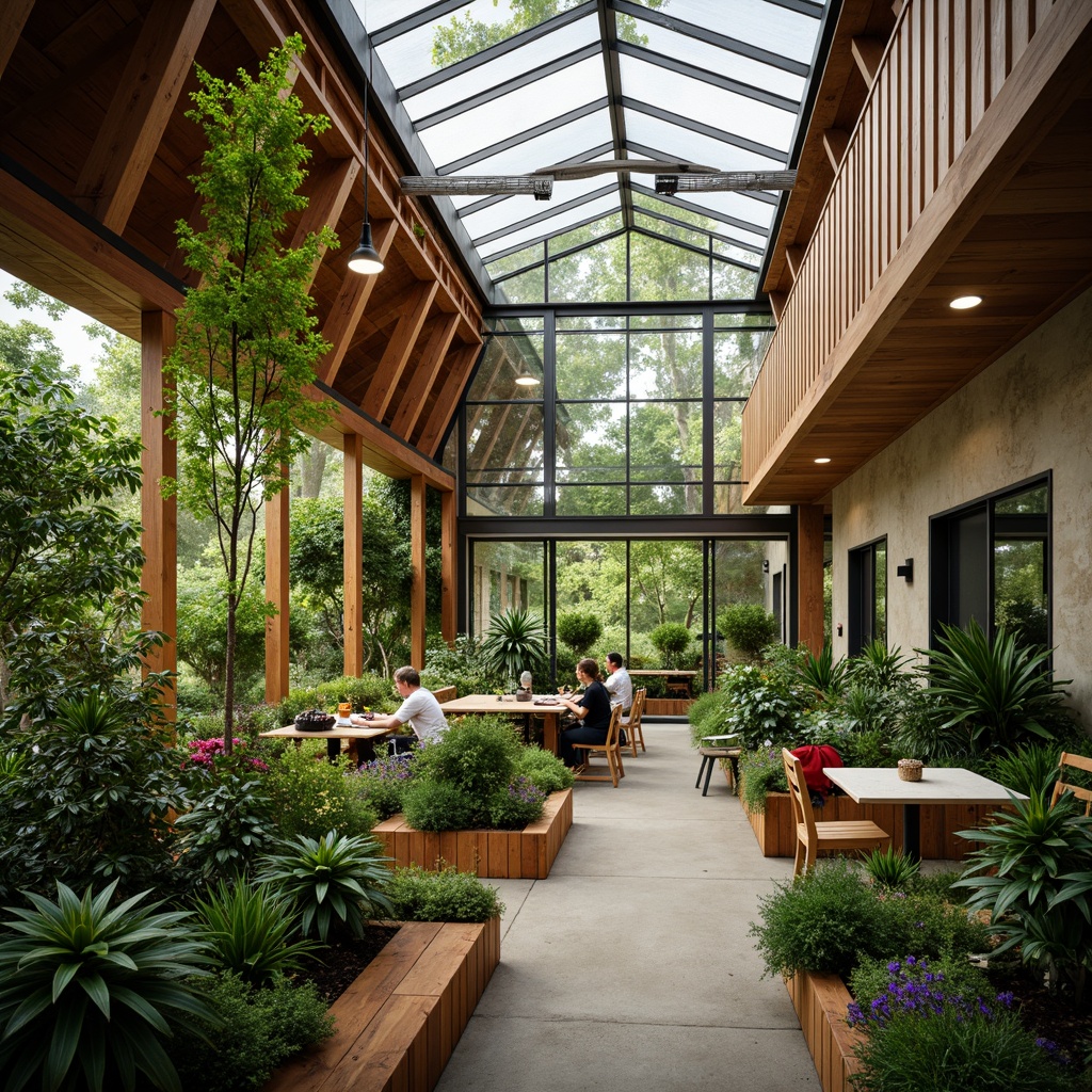 Prompt: Vibrant botanical greenhouse, lush foliage, tropical plants, warm natural light, earthy tone walls, reclaimed wood accents, living green roofs, modern minimalist architecture, floor-to-ceiling glass windows, sliding glass doors, industrial metal beams, exposed ductwork, cozy reading nooks, collaborative workspaces, ergonomic furniture, soft warm lighting, shallow depth of field, 2/3 composition, panoramic view, realistic textures, ambient occlusion.