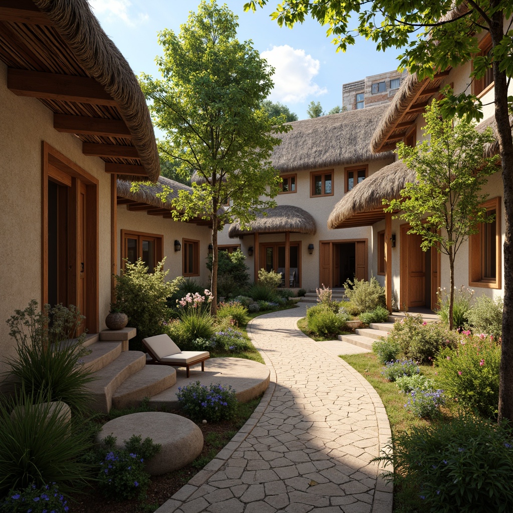 Prompt: Rustic village, earthy tones, natural stone walls, wooden accents, thatched roofs, lush greenery, traditional architecture, locally sourced materials, reclaimed wood, bamboo textures, earth-based construction, organic forms, curvaceous lines, soft warm lighting, shallow depth of field, 2/3 composition, panoramic view, realistic textures, ambient occlusion.