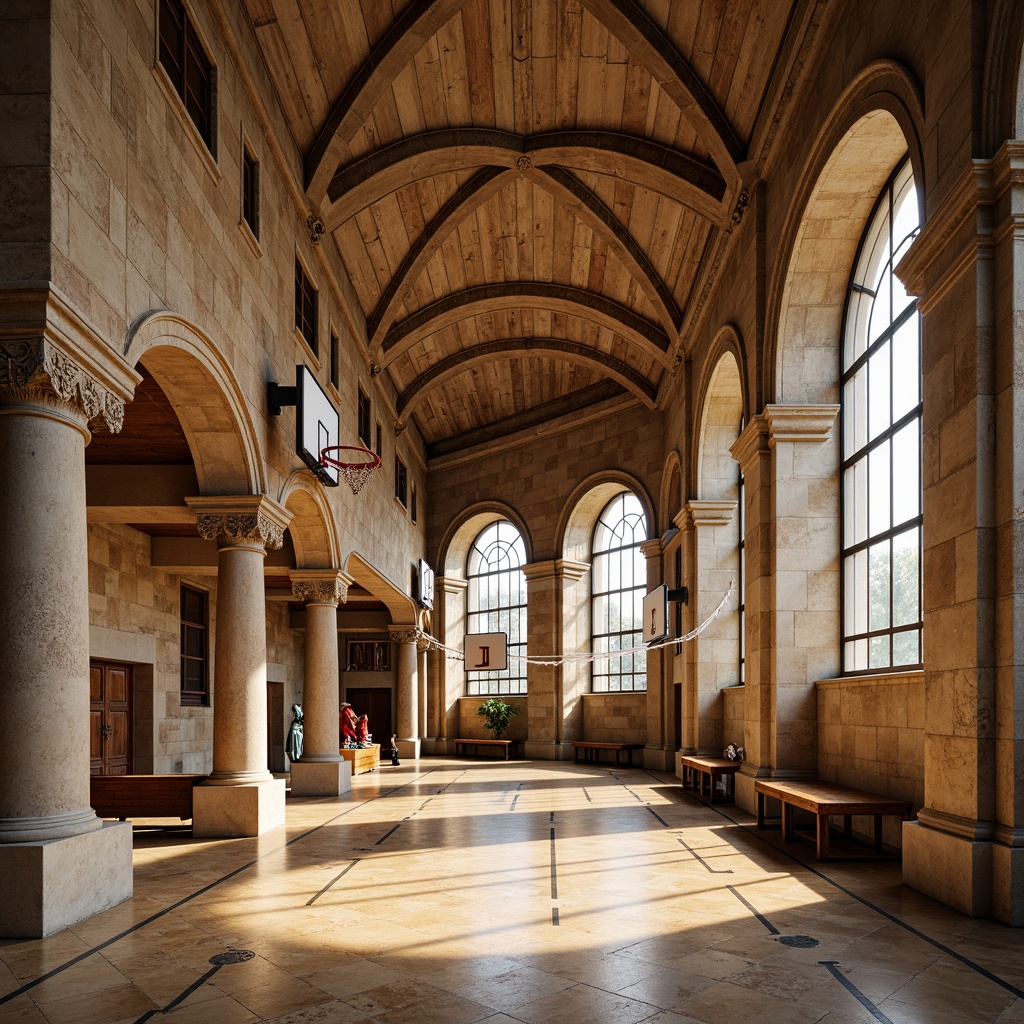 Prompt: Renaissance-style gymnasium, grand arches, ornate details, rustic stone walls, polished marble floors, high ceilings, large windows, natural light, athletic equipment, basketball hoops, volleyball nets, exercise machines, wooden benches, classic columns, symmetrical composition, warm golden lighting, shallow depth of field, 1/2 composition, realistic textures, ambient occlusion.