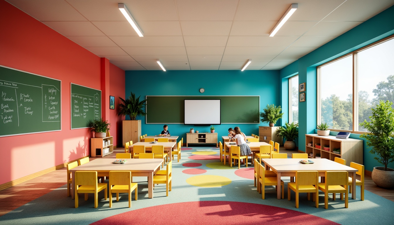 Prompt: Vibrant elementary school, playful kindergarten classroom, bright coral walls, turquoise accents, yellow wooden desks, green chalkboards, colorful rug patterns, natural light streaming through large windows, modern educational facilities, collaborative learning spaces, interactive whiteboards, dynamic lighting effects, shallow depth of field, 3/4 composition, panoramic view, realistic textures, ambient occlusion.