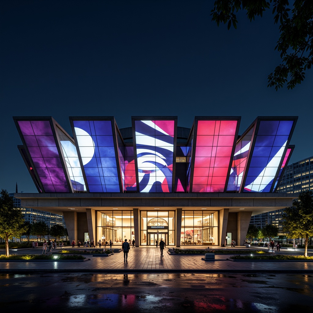 Prompt: Geometric opera house, bold rectangular forms, cantilevered roofs, asymmetrical facades, industrial materials, exposed steel beams, concrete walls, large glass windows, minimalist ornamentation, functionalist design philosophy, vibrant primary colors, abstract geometric patterns, dynamic light projections, urban cityscape, nighttime lighting, dramatic shadows, 1/2 composition, cinematic camera angle, high contrast ratio, futuristic ambiance.