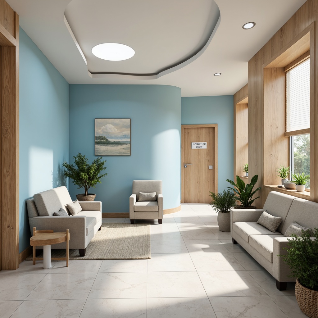 Prompt: Calming dental clinic, soothing blue tones, crisp white accents, warm beige walls, gentle curves, natural wood furniture, comfortable seating areas, soft box lighting, subtle texture overlays, shallow depth of field, 2/3 composition, realistic renderings, ambient occlusion.