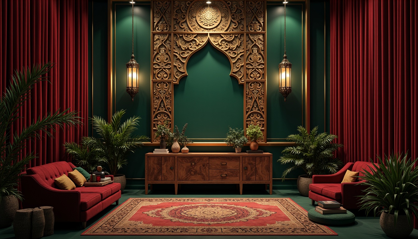 Prompt: Rich heliotrope gemstone, luxurious velvet drapes, ornate golden frames, lavish crimson accents, mysterious dark wood cabinetry, opulent emerald greenery, exotic Moroccan patterns, intricate Islamic geometry, dramatic spotlights, warm atmospheric glow, high-contrast cinematic lighting, 1/2 composition, close-up shot, realistic renderings, detailed textures.