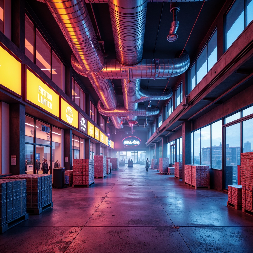 Prompt: Vibrant distribution center, fusion architecture, bold industrial colors, exposed ductwork, polished concrete floors, neon signage, futuristic accents, metallic sheen, LED lighting, high-contrast color scheme, urban landscape, cityscape backdrop, misty atmosphere, softbox lighting, 1/2 composition, symmetrical framing, realistic reflections, ambient occlusion.