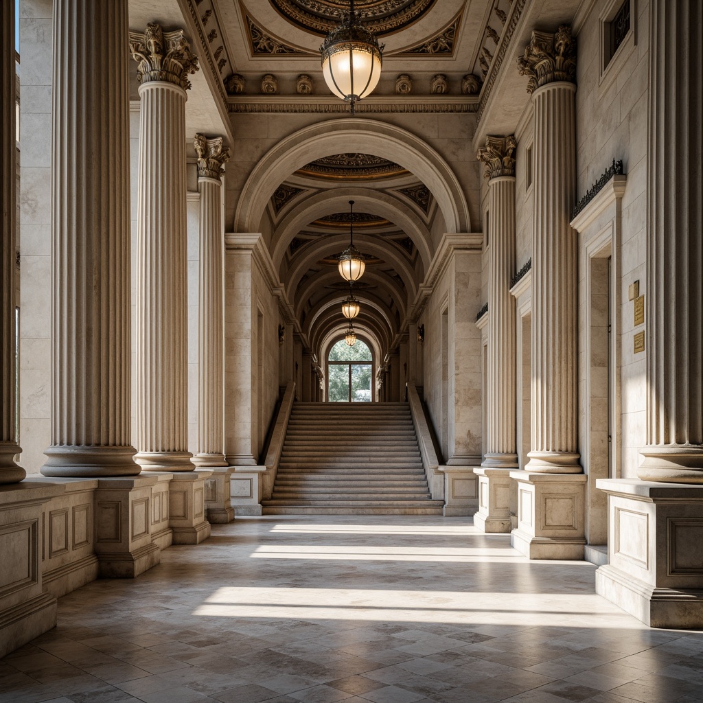 Prompt: Grandiose columns, ornate capitals, symmetrical facades, harmonious proportions, balanced compositions, classical orders, rustic stone bases, fluted pilasters, carved marble decorations, vaulted ceilings, grand entranceways, sweeping staircases, refined moldings, subtle color palette, soft natural lighting, shallow depth of field, 2/3 composition, realistic textures, ambient occlusion.