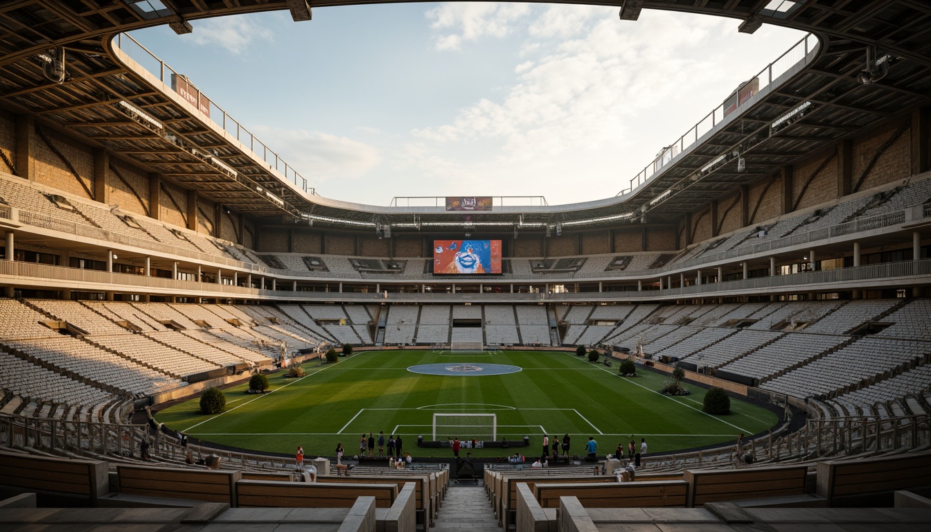 Prompt: Timeless soccer stadium, elegant arches, ornate columns, rustic stone walls, vintage scoreboards, classic floodlights, lush green grass, white marble statues, majestic entrance gates, intricate ironwork, nostalgic wooden benches, historic memorabilia, warm golden lighting, shallow depth of field, 2/3 composition, symmetrical architecture, realistic textures, ambient occlusion.