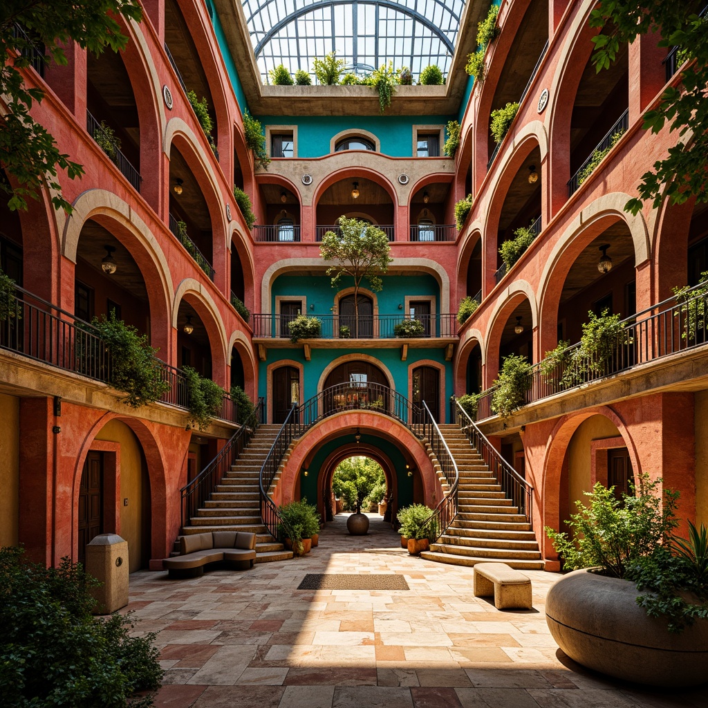 Prompt: Vibrant amphitheater, eclectic architecture, bold color palette, warm terracotta reds, deep indigo blues, sunny golden yellows, rich emerald greens, ornate details, intricate patterns, distressed textures, rustic stone walls, wooden accents, ornamental ironwork, lavish furnishings, grand staircase, sweeping arches, high ceilings, dramatic lighting, soft warm glow, 3/4 composition, shallow depth of field, panoramic view, realistic textures, ambient occlusion.